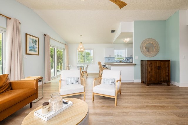 living room featuring lofted ceiling, light hardwood / wood-style flooring, and a textured ceiling
