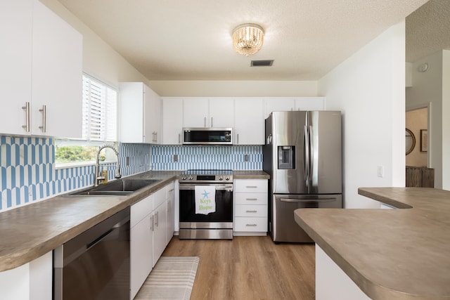 kitchen featuring sink, white cabinets, decorative backsplash, stainless steel appliances, and light wood-type flooring