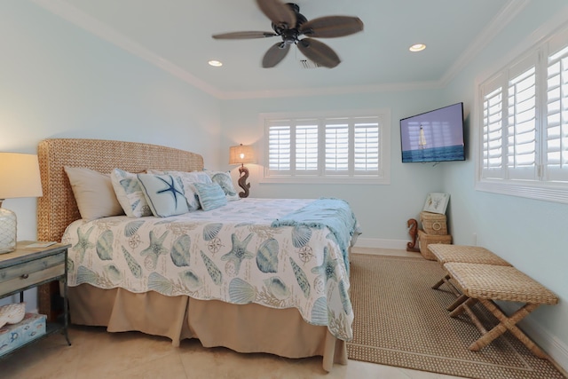 1323 Hudgins Dr, Summerland, FL 33042 - tiled bedroom featuring a ceiling fan, visible vents, recessed lighting, and ornamental molding