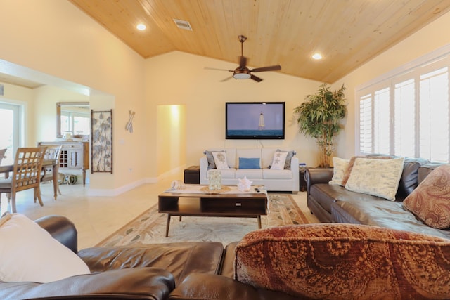 1323 Hudgins Dr, Summerland, FL 33042 - living room with lofted ceiling, a ceiling fan, visible vents, a healthy amount of sunlight, and wood ceiling