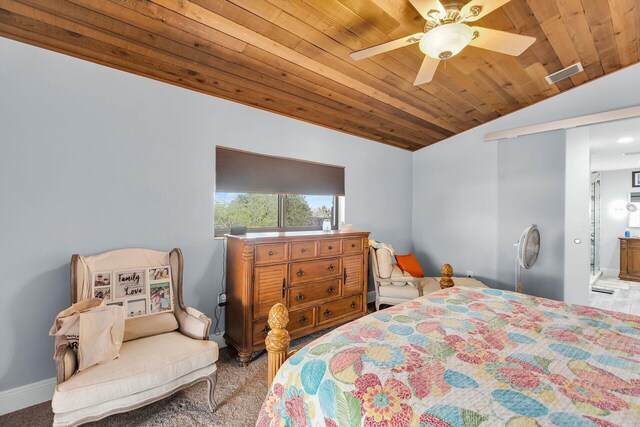 26 Corrine Pl, Key Largo, FL 33037 - carpeted bedroom with ceiling fan, visible vents, vaulted ceiling, baseboards, and wood ceiling