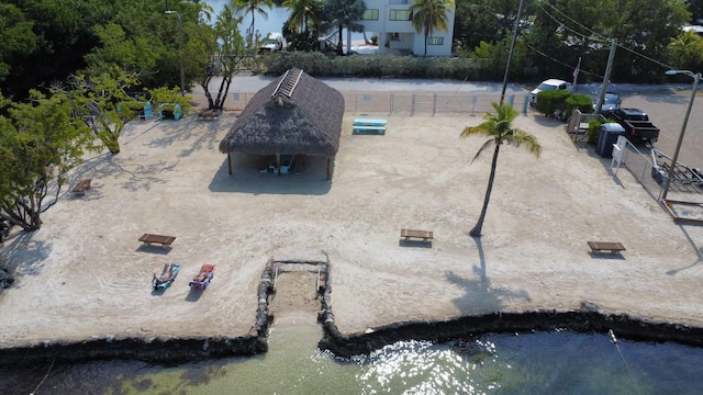 bird's eye view with a water view