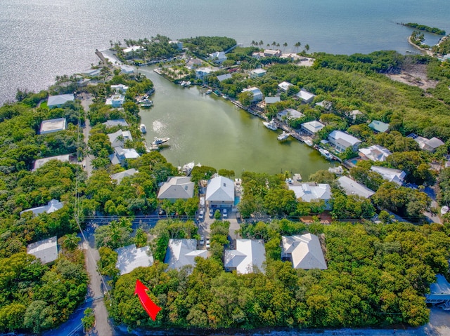 aerial view featuring a water view