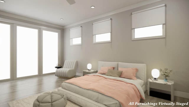 bedroom with wood-type flooring and crown molding