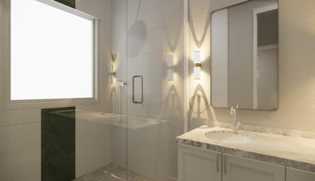 bathroom featuring vanity and walk in shower