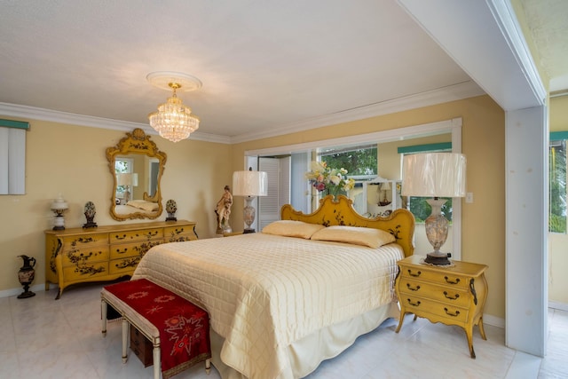 bedroom with a chandelier, ornamental molding, baseboards, and light tile patterned floors