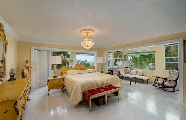 bedroom featuring a wall mounted AC, crown molding, a chandelier, a textured ceiling, and light tile patterned floors