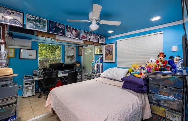 tiled bedroom with recessed lighting and a desk