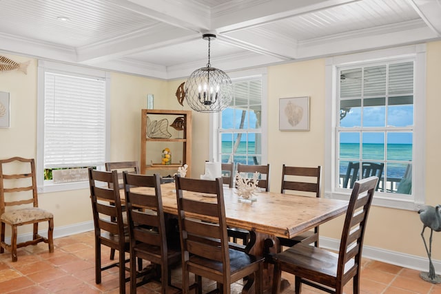 dining area featuring a water view, a notable chandelier, beam ceiling, and crown molding