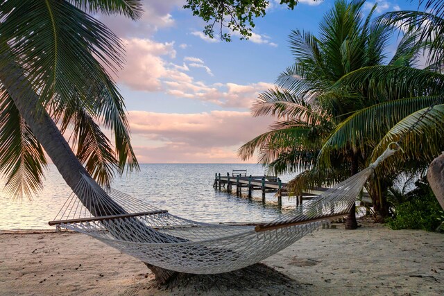 dock area featuring a water view and a beach view