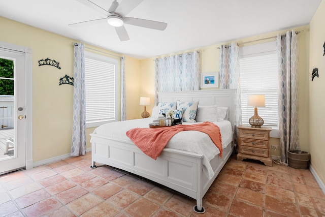 bedroom with ceiling fan and access to outside