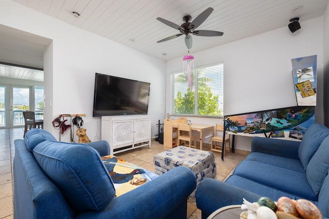 living room with plenty of natural light, wooden ceiling, and ceiling fan