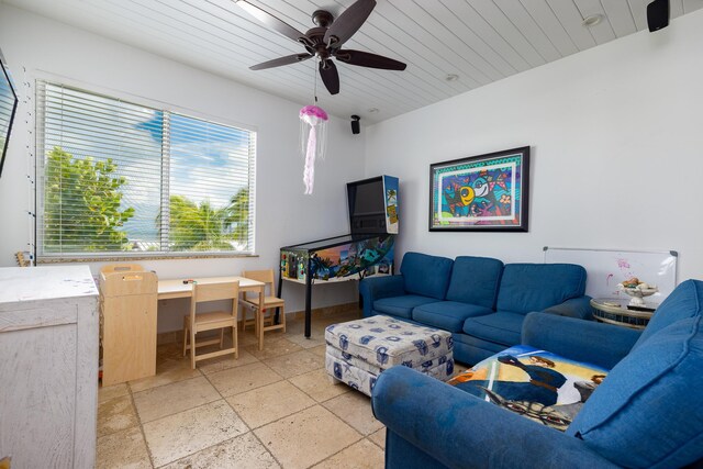 living room featuring wooden ceiling and ceiling fan