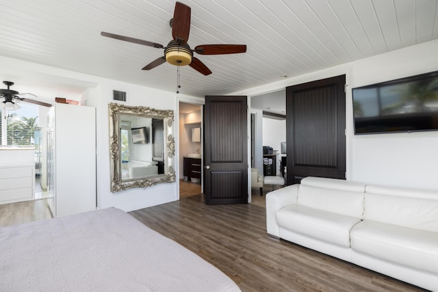 bedroom with wood-type flooring, wooden ceiling, and ceiling fan