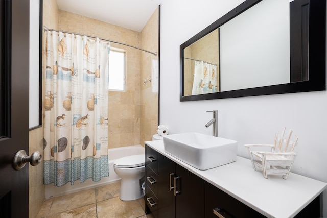 full bathroom featuring vanity, shower / bath combination with curtain, and toilet