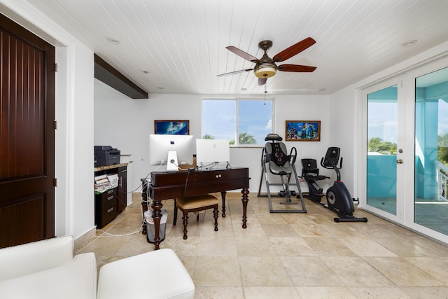 office area with ceiling fan and wood ceiling