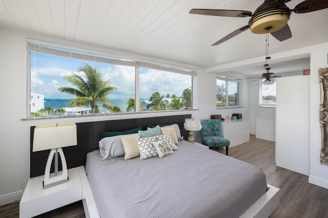 bedroom featuring wooden ceiling, dark hardwood / wood-style floors, and ceiling fan