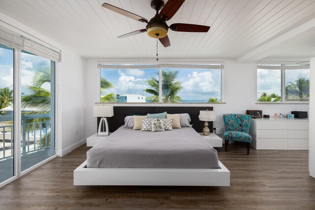 bedroom featuring wooden ceiling, dark hardwood / wood-style floors, access to exterior, and ceiling fan