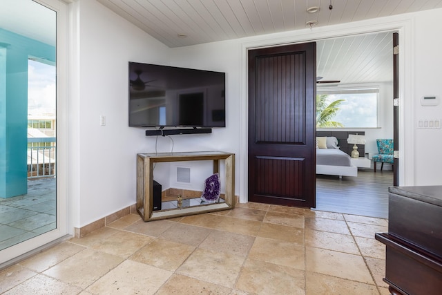 living room featuring wood ceiling