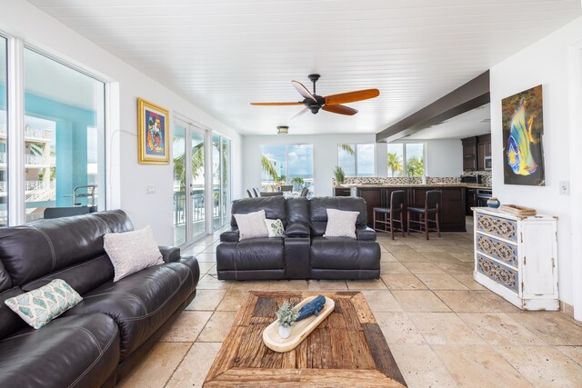 living room with ceiling fan