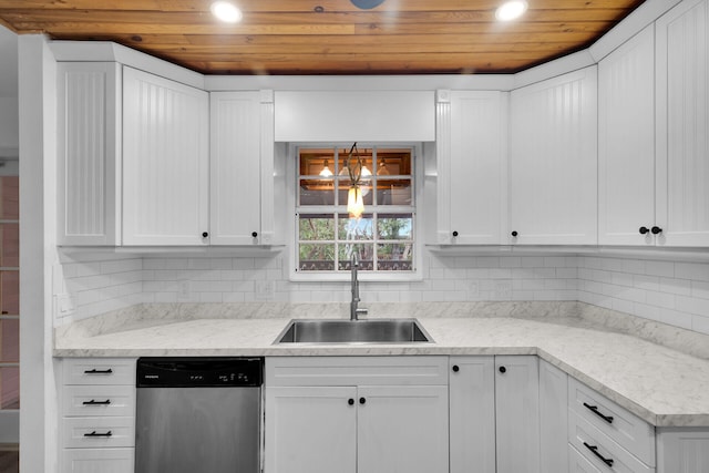 71 N Bay Harbor Dr, Key Largo, FL 33037 - kitchen featuring dishwasher, wooden ceiling, white cabinets, and recessed lighting