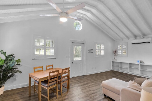 71 N Bay Harbor Dr, Key Largo, FL 33037 - living room featuring a wall mounted AC, ceiling fan, dark wood-type flooring, beam ceiling, and high vaulted ceiling