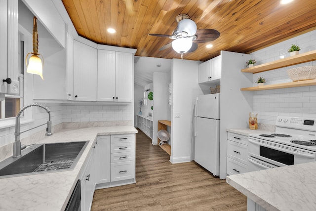 71 N Bay Harbor Dr, Key Largo, FL 33037 - kitchen with white appliances, wood ceiling, backsplash, open shelves, and ceiling fan