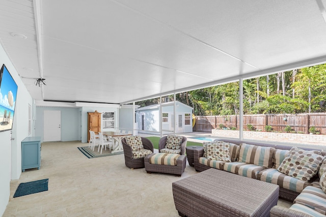 131 Ocean Ln, Islamorada, FL 33036 - view of patio / terrace with a storage shed, an outbuilding, an outdoor hangout area, and a fenced backyard