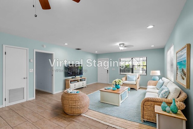 living room featuring ceiling fan