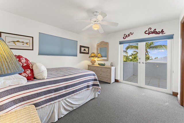 bedroom with ceiling fan and dark colored carpet