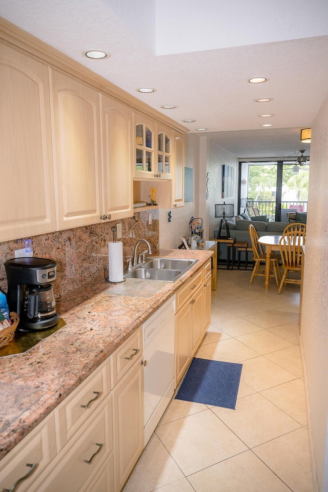 104350 Overseas Hwy Unit B205, Key Largo, FL 33037 - kitchen featuring white dishwasher, tasteful backsplash, light tile patterned flooring, light brown cabinetry, and recessed lighting