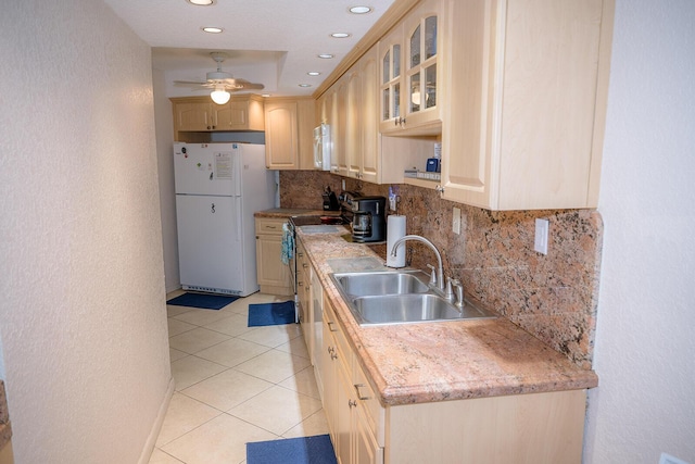 104350 Overseas Hwy Unit B205, Key Largo, FL 33037 - kitchen featuring freestanding refrigerator, backsplash, electric range, ceiling fan, and light tile patterned floors