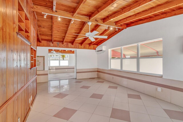 140 Gardenia St, Tavernier, FL 33070 - spare room with wooden ceiling, a wall mounted air conditioner, ceiling fan, a wainscoted wall, and light tile patterned flooring