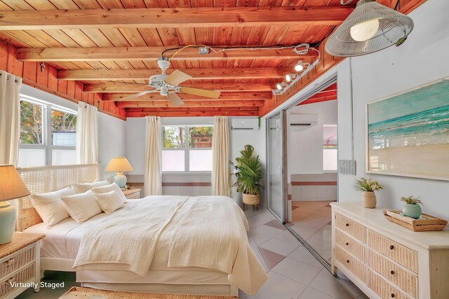 140 Gardenia St, Tavernier, FL 33070 - bedroom featuring a wall mounted air conditioner, wood ceiling with exposed beams, and light tile patterned floors