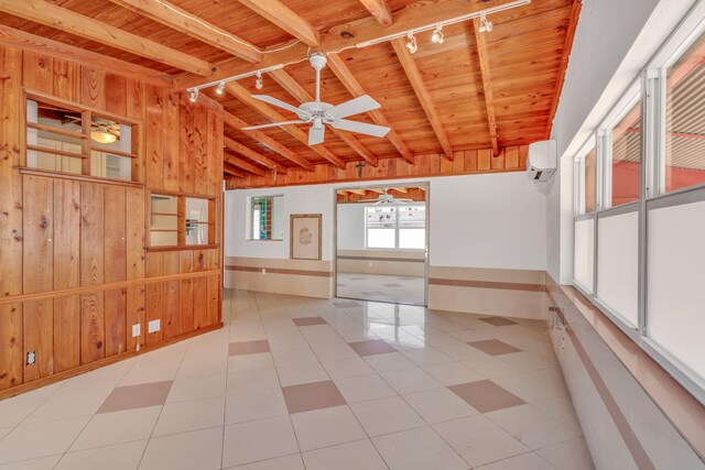 140 Gardenia St, Tavernier, FL 33070 - spare room with track lighting, wooden ceiling, wood walls, a ceiling fan, and a wall mounted AC