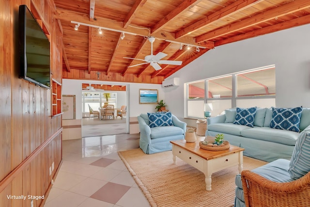 140 Gardenia St, Tavernier, FL 33070 - living room featuring wood ceiling, track lighting, an AC wall unit, healthy amount of natural light, and ceiling fan