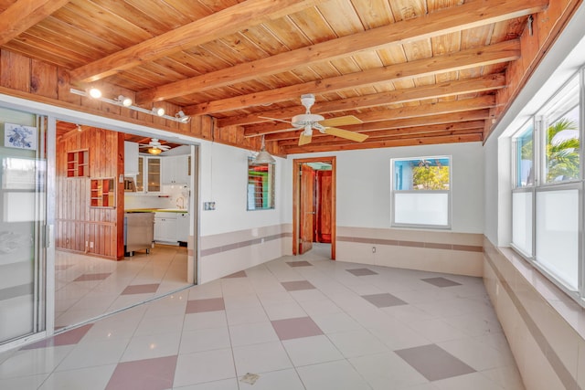 140 Gardenia St, Tavernier, FL 33070 - unfurnished room with ceiling fan, wood ceiling with exposed beams, a sink, wainscoting, and light tile patterned flooring