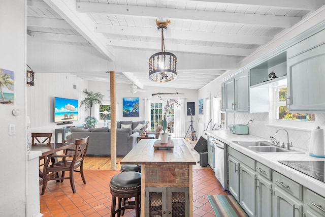 kitchen featuring sink, backsplash, hanging light fixtures, a notable chandelier, and stainless steel dishwasher