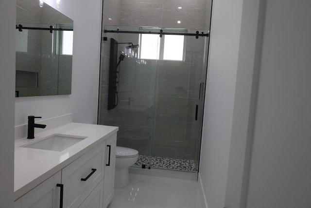 bathroom with vanity, an enclosed shower, and toilet