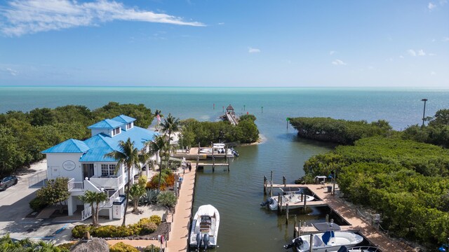 birds eye view of property featuring a water view