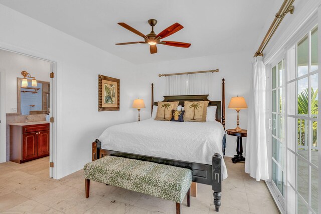 bedroom featuring sink, connected bathroom, and ceiling fan