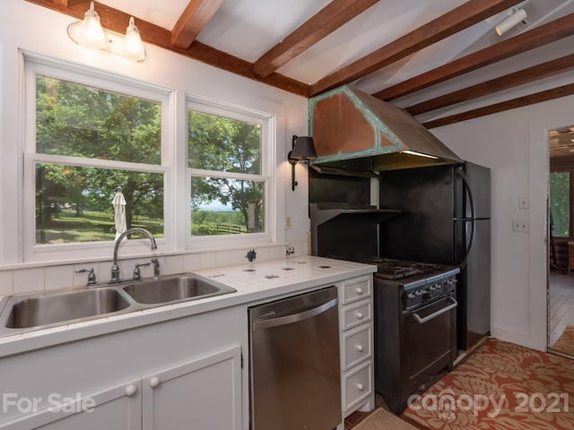 kitchen with plenty of natural light, black gas stove, dishwasher, and beamed ceiling