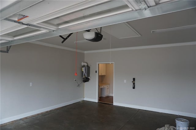 garage featuring water heater and a garage door opener