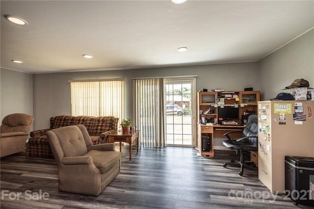 office area with dark wood-type flooring