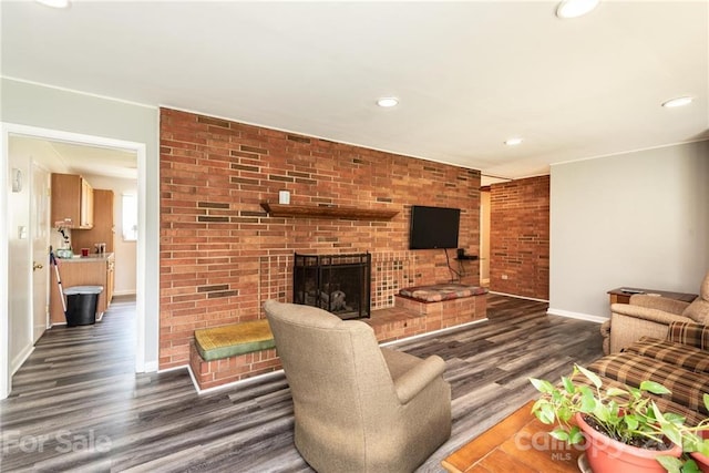 living room featuring brick wall, a fireplace, and dark wood-type flooring