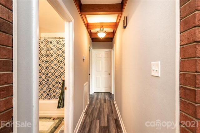 hallway with beam ceiling and dark hardwood / wood-style flooring