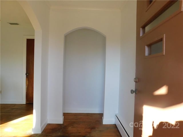 hallway with dark hardwood / wood-style floors and a baseboard radiator