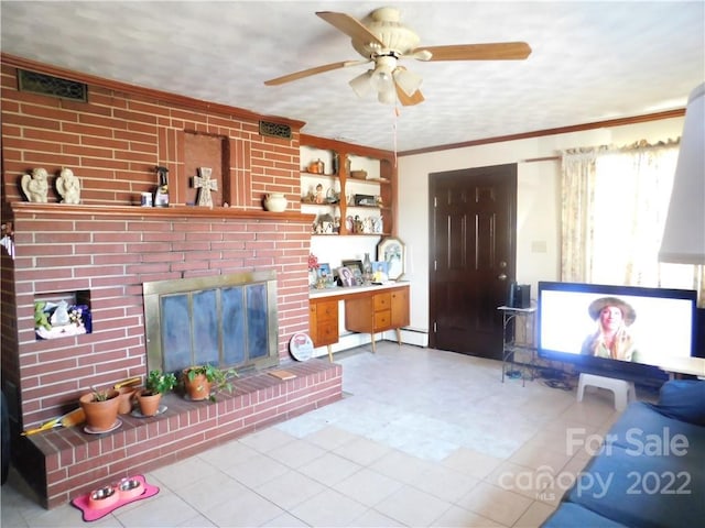 living room with brick wall, light tile floors, ceiling fan, and a fireplace