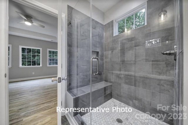 bathroom with walk in shower, ceiling fan, and hardwood / wood-style floors