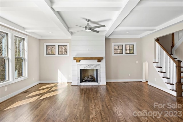 unfurnished living room with ceiling fan, coffered ceiling, beamed ceiling, and dark hardwood / wood-style floors